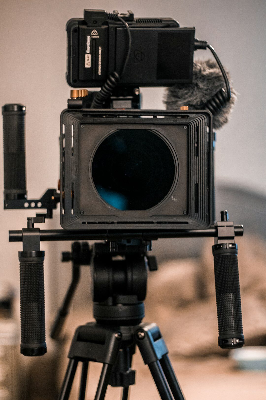 Television studio with professional camera and lighting rig